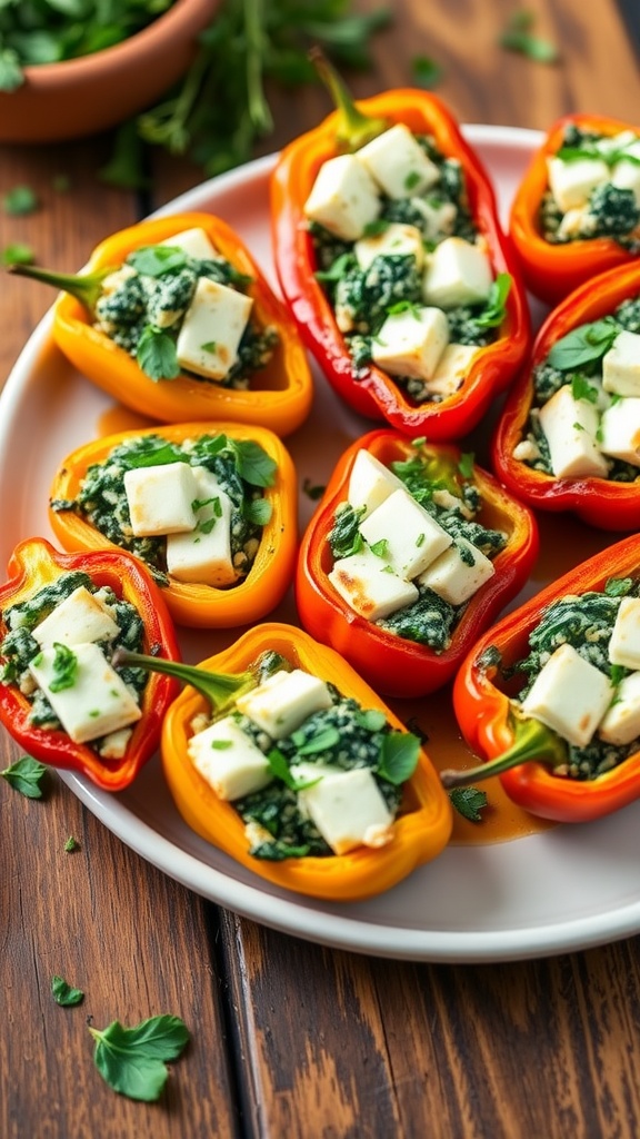 Baked spinach and feta stuffed mini peppers on a rustic plate, garnished with herbs.